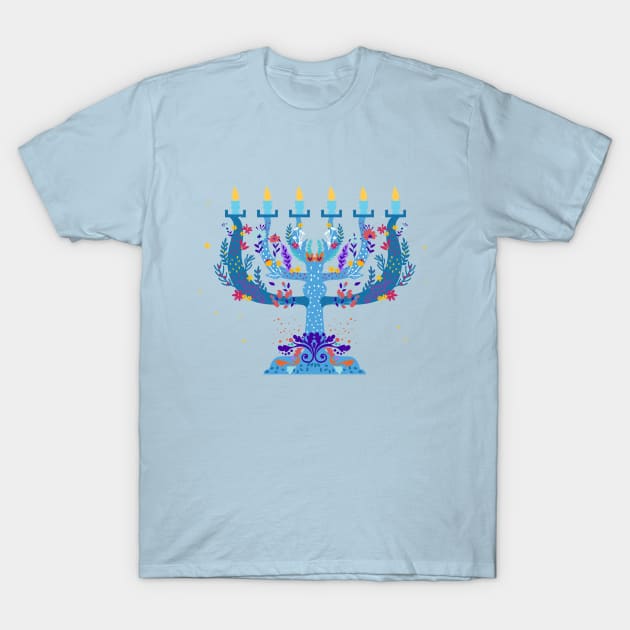 floral menorah happy hanukkah T-Shirt by gossiprag